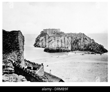 Tenby St. Catherine-Burg Bastion Palmerstone Fort Küstenstadt Pembrokeshire Bay sandigen Felsen, Tenby fotografiert Circa 1910 Stockfoto