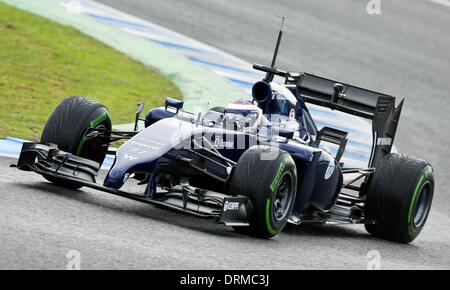 Jerez De La Frontera, Südspanien. 29. Januar 2014. Finnische Formel1 Rennfahrer Valtteri Bottas von Williams steuert sein Auto während des Trainings für die kommende Formel-1-Saison auf der Rennstrecke von Jerez in Jerez De La Frontera, Südspanien, 29. Januar 2014. Foto: Jens Büttner/Dpa/Alamy Live News Stockfoto