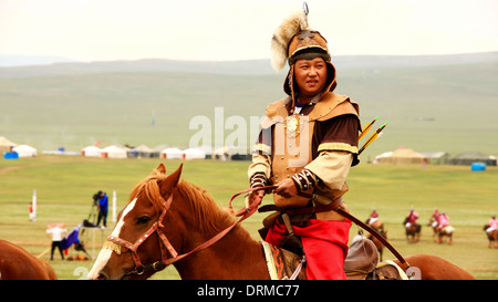 ULAANBAATAR, Mongolei - Juli 2013: Naadam-Fest Pferd Bogenschießen Crew Stockfoto