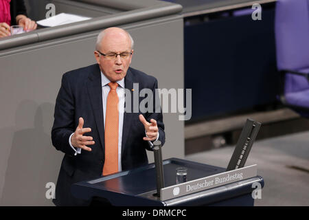 Berlin, Deutschland. 29. Januar 2014. Kanzlerin Merkel gibt eine Regierungserklärung im Deutschen Bundestag in Berlin. Im Anschluss an Tagung des Kabinetts in Meseberg, umreißt die Kanzlerin die Schwerpunkte der Arbeit der Bundesregierung in den kommenden Jahren. Bildnachweis: Reynaldo Chaib Paganelli/Alamy Live-Nachrichten Stockfoto