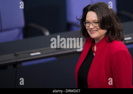 Berlin, Deutschland. 29. Januar 2014. Wichtige Rede der Bundeskanzlerin im BundesTag verschiebt alle Parlament und alle deutschen Minister. Goncalo Silva/Alamy Live-Nachrichten Stockfoto