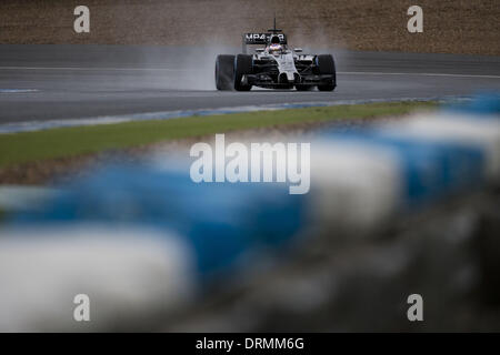 Jerez De La Frontera, Spanien. 29. Januar 2014. JENSON BUTTON of Great Britain und McLaren Mercedes fährt in der Formel-1-Vorsaison Tests auf Circuito de Jerez in Jerez De La Frontera, Spanien. Bildnachweis: James Gasperotti/ZUMA Wire/ZUMAPRESS.com/Alamy Live-Nachrichten Stockfoto