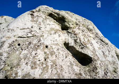 Oberen Teil von einem großen Stein in den Avebury Kreis zeigt Flechten färben und "Fuß-hält" Stockfoto