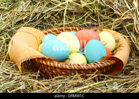 Korb mit farbigen Ostereier auf Heu Stockfoto