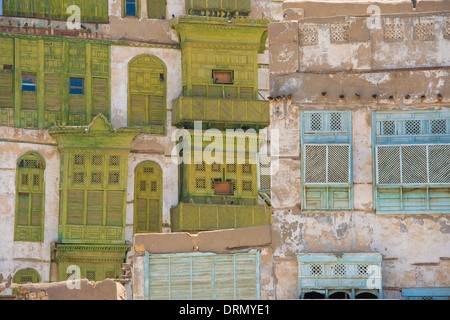 Detail der Gebäude in Al-Balad (Old Town) Jeddah, Saudi Arabien zum UNESCO-Weltkulturerbe Stockfoto