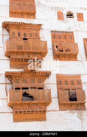 Detail der Gebäude in Al-Balad (Old Town) Jeddah, Saudi Arabien zum UNESCO-Weltkulturerbe Stockfoto