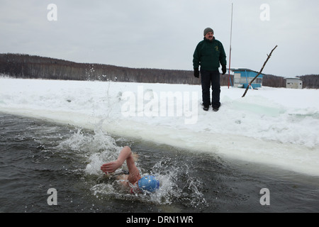 Wettbewerb im Winter schwimmen in der Verkh-Neyvinsky-Teich in der Nähe der Stadt Novouralsk in den Ural Bergen, Russland. Stockfoto