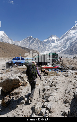 Eine Dame trekker In Gorak Shep, der letzte Punkt auf dem Everest Base Camp trek, Nepal anreisen Stockfoto
