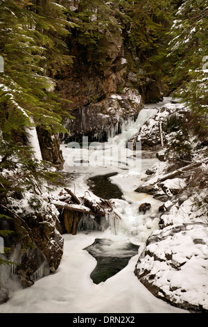 WASHINGTON - Eis und Schnee bedeckt South Fork Snoqualmie River in einer engen Schlucht entlang der Franklin fällt weg. Stockfoto