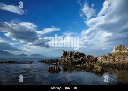 Seaward Kaikoura Ranges und ungewöhnlichen Küsten gefalteten Felsformationen, Kaikoura, Südinsel, Neuseeland Stockfoto