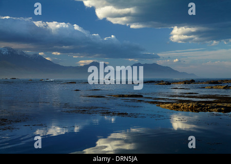 Seaward Kaikoura Ranges und Wolken spiegeln sich im küstennahen Gezeitenbecken, Kaikoura, Südinsel, Neuseeland Stockfoto