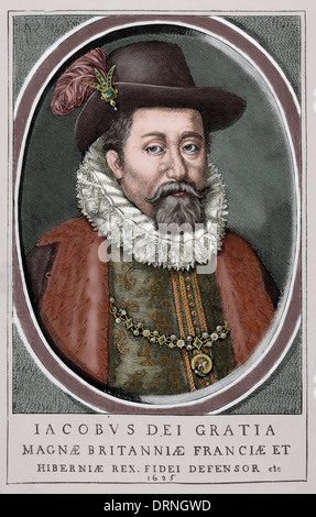 James VI von Schottland und I von England und Irland (1566-1625). Porträt. Farbige Gravur. Stockfoto