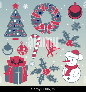 Weihnachts-Icons inmitten einer flachen Stil und Vintage Farben mit Baum, Schneeflocke, Schneemann, Candy Stockfoto