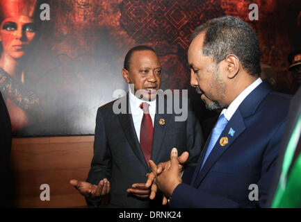Addis Abeba, Äthiopien. 30. Januar 2014. Kenianische Präsident Uhuru Kenyatta (L) spricht mit somalischen Präsidenten Hassan Sheikh Mohamoud vor der Eröffnungsfeier der 22. Gipfeltreffen der Afrikanischen Union in Addis Abeba, Äthiopien, 30. Januar 2014. 22. Gipfeltreffen der Afrikanischen Union eröffnet in Äthiopiens Hauptstadt am Donnerstag mit Rallyesport Anrufe für den Kontinent Frieden und verwandeln die Landwirtschaft zur Beseitigung der Armut und Entwicklung zu beschleunigen. Bildnachweis: Meng Chenguang/Xinhua/Alamy Live-Nachrichten Stockfoto