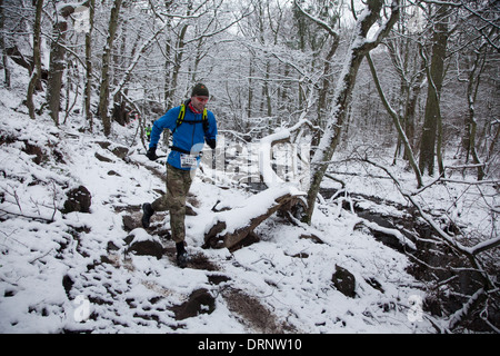 Ein Läufer macht seinen Weg durch die Bits des Waldes auf einem schmalen Pfad. Stockfoto