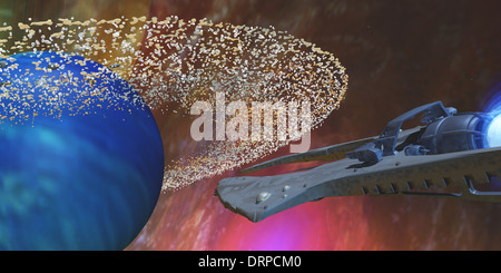 Kleinen Asteroiden Wirbel um einen blauen Planeten, wie ein Raumschiff auf dem Weg zu einem bunten Nebel vergeht. Stockfoto