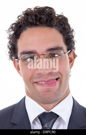 verrückte junge Geschäftsmann mit Brille im Anzug Stockfoto