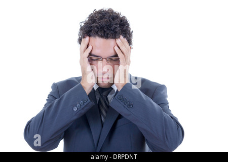 Geschäftsmann mit Brille hielt seinen Kopf vor Schmerzen Stockfoto