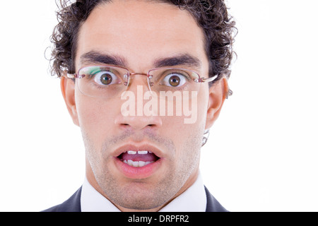 große Augen öffnen überrascht Geschäftsmann mit Brille Stockfoto