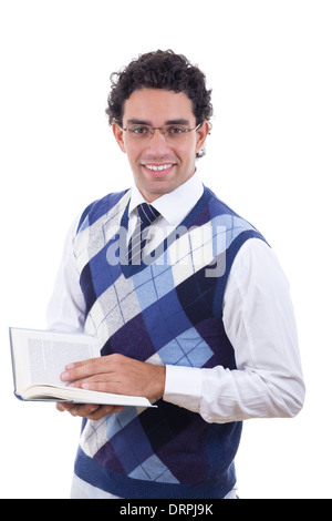 erwachsenen Mannes in Pullover hält ein offenes Buch Stockfoto