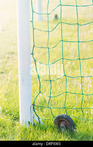 Grasgrün und Torpfosten auf einem Fußballplatz (Fußball) Stockfoto