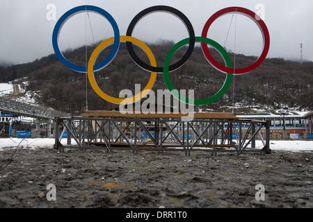 Sotschi, Region Krasnodar, Russland. 31. Januar 2014. Die Olympischen Ringe sind in Krasnaya Polyana in der Nähe von Sotschi, Region Krasnodar, Russland, 31. Januar 2014 gesehen. Die Olympischen Winterspiele 2014 in Sotschi von 07 bis 23. Februar 2014 laufen. Foto: Michael Kappeler/Dpa/Alamy Live News Stockfoto