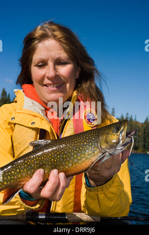 Frau Angler halten eine Sommer-Bachsaibling gefangen sie in einem See im Norden von Ontario. Stockfoto