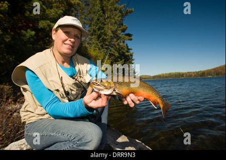 Frau Angler halten eine Sommer-Bachsaibling gefangen sie in einem See im Norden von Ontario. Stockfoto