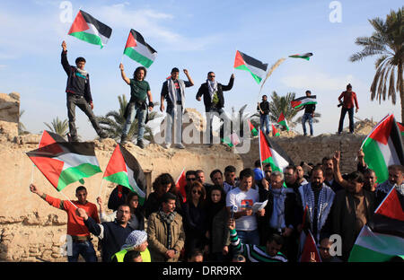 Jordan Vally, Westjordanland, Palästinensische Gebiete. 31. Januar 2014. Palästinensische Aktivisten halten ihre Nationalflaggen auf dem Gelände des alten Dorfes bekannt als Ein Hijleh im Jordan-Tal in der Nähe der West Bank Stadt Jericho, 31. Januar 2014. Hunderte von Palästinensern kündigte heute den Start der "Melh Al-Ardâ? (Salz der Erde) Kampagne durch die Wiederbelebung des Dorfes Ein Hijleh im Jordan-Tal auf dem Gelände der orthodoxen Kirche und St. Gerassimos Kloster. Die Kampagne wird gestartet, in der Weigerung der israelischen Politik, die darauf abzielen, Judaizing und das Jordantal zu annektieren (Credit-Bild: Stockfoto
