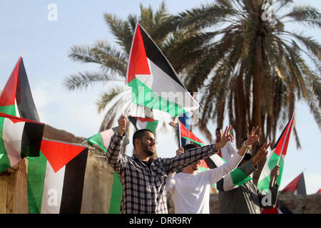 Jordan Vally, Westjordanland, Palästinensische Gebiete. 31. Januar 2014. Palästinensische Aktivisten halten ihre Nationalflaggen auf dem Gelände des alten Dorfes bekannt als Ein Hijleh im Jordan-Tal in der Nähe der West Bank Stadt Jericho, 31. Januar 2014. Hunderte von Palästinensern kündigte heute den Start der "Melh Al-Ardâ? (Salz der Erde) Kampagne durch die Wiederbelebung des Dorfes Ein Hijleh im Jordan-Tal auf dem Gelände der orthodoxen Kirche und St. Gerassimos Kloster. Die Kampagne wird gestartet, in der Weigerung der israelischen Politik, die darauf abzielen, Judaizing und das Jordantal zu annektieren (Credit-Bild: Stockfoto