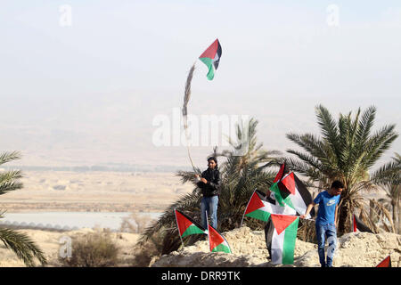Jordan Vally, Westjordanland, Palästinensische Gebiete. 31. Januar 2014. Palästinensische Aktivisten halten ihre Nationalflaggen auf dem Gelände des alten Dorfes bekannt als Ein Hijleh im Jordan-Tal in der Nähe der West Bank Stadt Jericho, 31. Januar 2014. Hunderte von Palästinensern kündigte heute den Start der "Melh Al-Ardâ? (Salz der Erde) Kampagne durch die Wiederbelebung des Dorfes Ein Hijleh im Jordan-Tal auf dem Gelände der orthodoxen Kirche und St. Gerassimos Kloster. Die Kampagne wird gestartet, in der Weigerung der israelischen Politik, die darauf abzielen, Judaizing und das Jordantal zu annektieren (Credit-Bild: Stockfoto