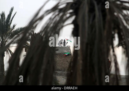 Jordan Vally, Westjordanland, Palästinensische Gebiete. 31. Januar 2014. Palästinensische Aktivisten halten ihre Nationalflaggen auf dem Gelände des alten Dorfes bekannt als Ein Hijleh im Jordan-Tal in der Nähe der West Bank Stadt Jericho, 31. Januar 2014. Hunderte von Palästinensern kündigte heute den Start der "Melh Al-Ardâ? (Salz der Erde) Kampagne durch die Wiederbelebung des Dorfes Ein Hijleh im Jordan-Tal auf dem Gelände der orthodoxen Kirche und St. Gerassimos Kloster. Die Kampagne wird gestartet, in der Weigerung der israelischen Politik, die darauf abzielen, Judaizing und das Jordantal zu annektieren (Credit-Bild: Stockfoto