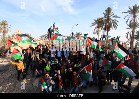 Jordan Vally, Westjordanland, Palästinensische Gebiete. 31. Januar 2014. Palästinensische und ausländische Aktivisten halten palästinensische Fahnen auf dem Gelände des alten Dorfes bekannt als Ein Hijleh im Jordan-Tal in der Nähe der West Bank Stadt Jericho, 31. Januar 2014. Hunderte von Palästinensern kündigte heute den Start der "Melh Al-Ardâ? (Salz der Erde) Kampagne durch die Wiederbelebung des Dorfes Ein Hijleh im Jordan-Tal auf dem Gelände der orthodoxen Kirche und St. Gerassimos Kloster. Die Kampagne wird in der Weigerung der israelischen Politik, die darauf abzielen, Judaizing und annektiert das Jordantal (Credi gestartet. Stockfoto