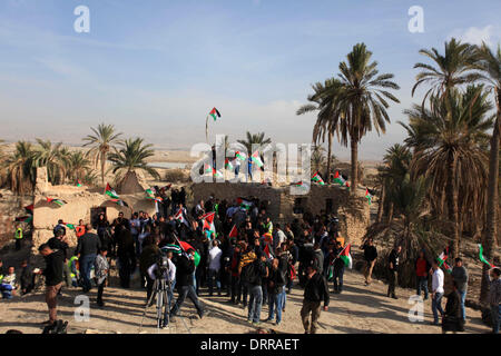 Jordan Vally, Westjordanland, Palästinensische Gebiete. 31. Januar 2014. Palästinensische und ausländische Aktivisten halten palästinensische Fahnen auf dem Gelände des alten Dorfes bekannt als Ein Hijleh im Jordan-Tal in der Nähe der West Bank Stadt Jericho, 31. Januar 2014. Hunderte von Palästinensern kündigte heute den Start der "Melh Al-Ardâ? (Salz der Erde) Kampagne durch die Wiederbelebung des Dorfes Ein Hijleh im Jordan-Tal auf dem Gelände der orthodoxen Kirche und St. Gerassimos Kloster. Die Kampagne wird in der Weigerung der israelischen Politik, die darauf abzielen, Judaizing und annektiert das Jordantal (Credi gestartet. Stockfoto