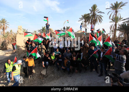 Jordan Vally, Westjordanland, Palästinensische Gebiete. 31. Januar 2014. Palästinensische und ausländische Aktivisten halten palästinensische Fahnen auf dem Gelände des alten Dorfes bekannt als Ein Hijleh im Jordan-Tal in der Nähe der West Bank Stadt Jericho, 31. Januar 2014. Hunderte von Palästinensern kündigte heute den Start der "Melh Al-Ardâ? (Salz der Erde) Kampagne durch die Wiederbelebung des Dorfes Ein Hijleh im Jordan-Tal auf dem Gelände der orthodoxen Kirche und St. Gerassimos Kloster. Die Kampagne wird in der Weigerung der israelischen Politik, die darauf abzielen, Judaizing und annektiert das Jordantal (Credi gestartet. Stockfoto