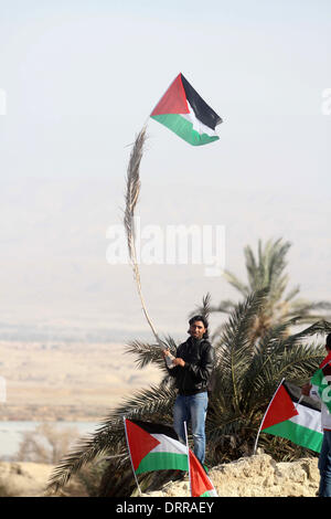 Jordan Vally, Westjordanland, Palästinensische Gebiete. 31. Januar 2014. Eine palästinensische Aktivist hält seine Nationalflagge auf dem Gelände des alten Dorfes bekannt als Ein Hijleh im Jordan-Tal in der Nähe der West Bank Stadt Jericho, 31. Januar 2014. Hunderte von Palästinensern kündigte heute den Start der "Melh Al-ArdÃ ¢? Â (Salz der Erde) Kampagne durch die Wiederbelebung des Dorfes Ein Hijleh im Jordan-Tal auf dem Gelände der orthodoxen Kirche und St. Gerassimos Kloster. Die Kampagne wird gestartet, in der Weigerung der israelischen Politik, die darauf abzielen, Judaizing und das Jordantal zu annektieren (Credit-Bild: © Stockfoto