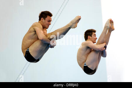 Southend, UK. 31. Januar 2014. Tom Daley und Daniel Goodfellow Plymouth Tauchen konkurrieren während der Mens synchron 3m Sprungbrett Finale am 1. Tag der British Gas tauchen nationalen Weltmeisterschaft 2014 aus Southend schwimmen und Diving Centre. Bildnachweis: Aktion Plus Sport/Alamy Live-Nachrichten Stockfoto