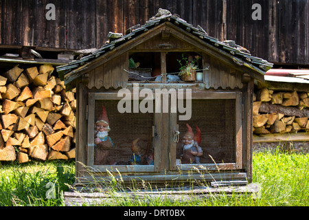 Logpile im typischen Schweizer Chalet aus Holz und Schuppen von Gartenzwergen in Klosters, Graubünden Region, Schweiz Stockfoto