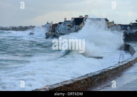 Cobo Bay, Guernsey, Channel Islands. 1. Februar 2014. Hochwasserwarnungen sind für die Westküste von Guernsey und niedriger liegende Gebiete der Insel als weit verbreitete Stürme kombiniert mit außergewöhnlich hohen Gezeiten bringen die Gefahr von Überschwemmungen. Hotels an der Westküste sind auf das Schlimmste vorbereiten, nach ähnliche Bedingungen im Januar schwere Schäden. Foto Credit: Robert Smith/Alamy Live News Stockfoto