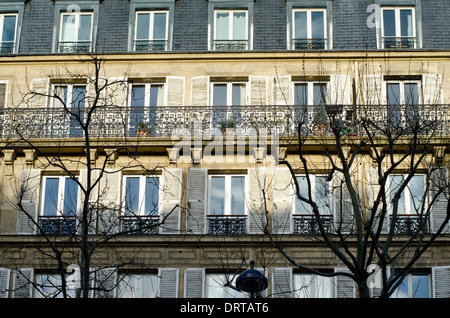 Fassade eines Pariser Gebäudes hinter Bäumen, Paris, Frankreich. Stockfoto