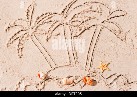 unbewohnte Insel im Meer und Palmen Bäume gemalt auf dem sand Stockfoto