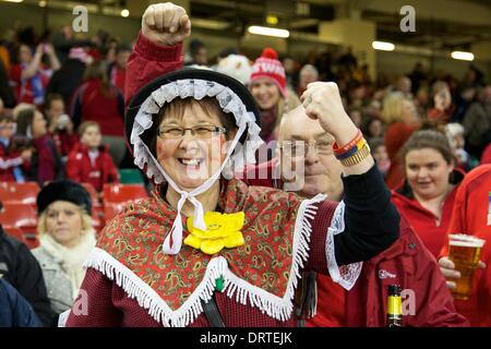 Cardiff, Wales. 1. Februar 2014. Wals Fan vor dem Six Nations-Spiel zwischen Wales und Italien aus dem Millennium Stadium. Bildnachweis: Aktion Plus Sport/Alamy Live-Nachrichten Stockfoto