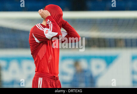 Sinsheim, Deutschland. 1. Februar 2014. Hamburger Heiko Westermann zieht sein Trikot über sein Gesicht, nachdem die Bundesliga Fußballspiel zwischen 1899 Hoffenheim und den Hamburger SV im Rhein-Neckar-Arena in Sinsheim, Deutschland, 1. Februar 2014. Hamburg verlor 3: 0. Foto: UWE ANSPACH/DPA (Achtung: aufgrund der Akkreditierungsrichtlinien die DFL nur erlaubt die Veröffentlichung und Nutzung von bis zu 15 Bilder pro Spiel im Internet und in Online-Medien während des Spiels.) / Dpa/Alamy Live News Stockfoto