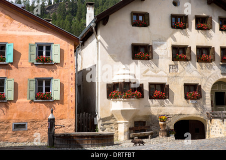 Im Engadin im Dorf Guarda Spaziergänge Katze vorbei an alten bemalten 17. Jahrhundert Steinbauten, Schweiz Stockfoto