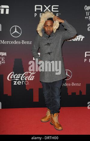 Kendrick Lamar im Ankunftsbereich für ESPN Super Bowl Party, Pier 36, New York, NY 31. Januar 2014. Foto von: John Paul Melendez/Everett Collection Stockfoto