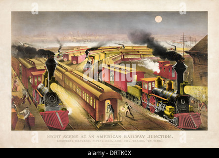 Nacht-Szene auf einer amerikanischen Eisenbahnknotenpunkt. Blitz-Express, Flying Post und Eule Züge, "On Time" Farblitho 1876 Stockfoto