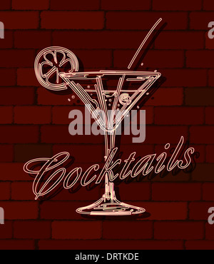 Cocktails-Leuchtreklame über eine Ziegelmauer Stockfoto
