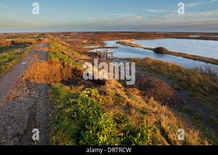 Meer Verteidigung Schaden am Blakeney in North Norfolk, East Anglia, UK, nach der Sturmflut im Dezember 2013 Stockfoto