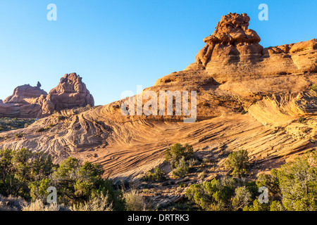 Sandstein-Felsformationen im Abendlicht im Arches National Park in Utah. Stockfoto