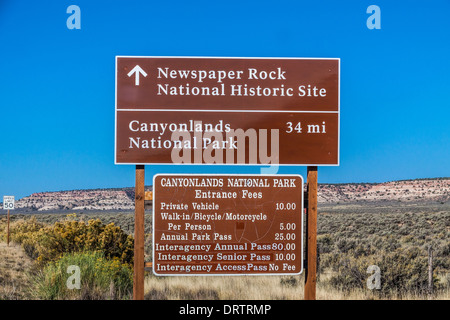 Melden Sie auf US-211 scenic Byway in Utah mit Informationen über Canyonlands National Park. Stockfoto